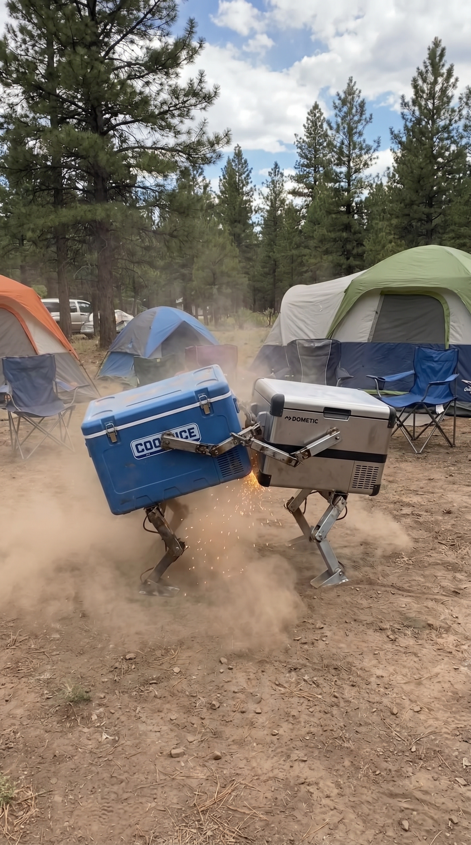 Two camping fridges duelling in a campsite — Coolice cooler vs Dometic 12V — illustrating the side-by-side comparison tool